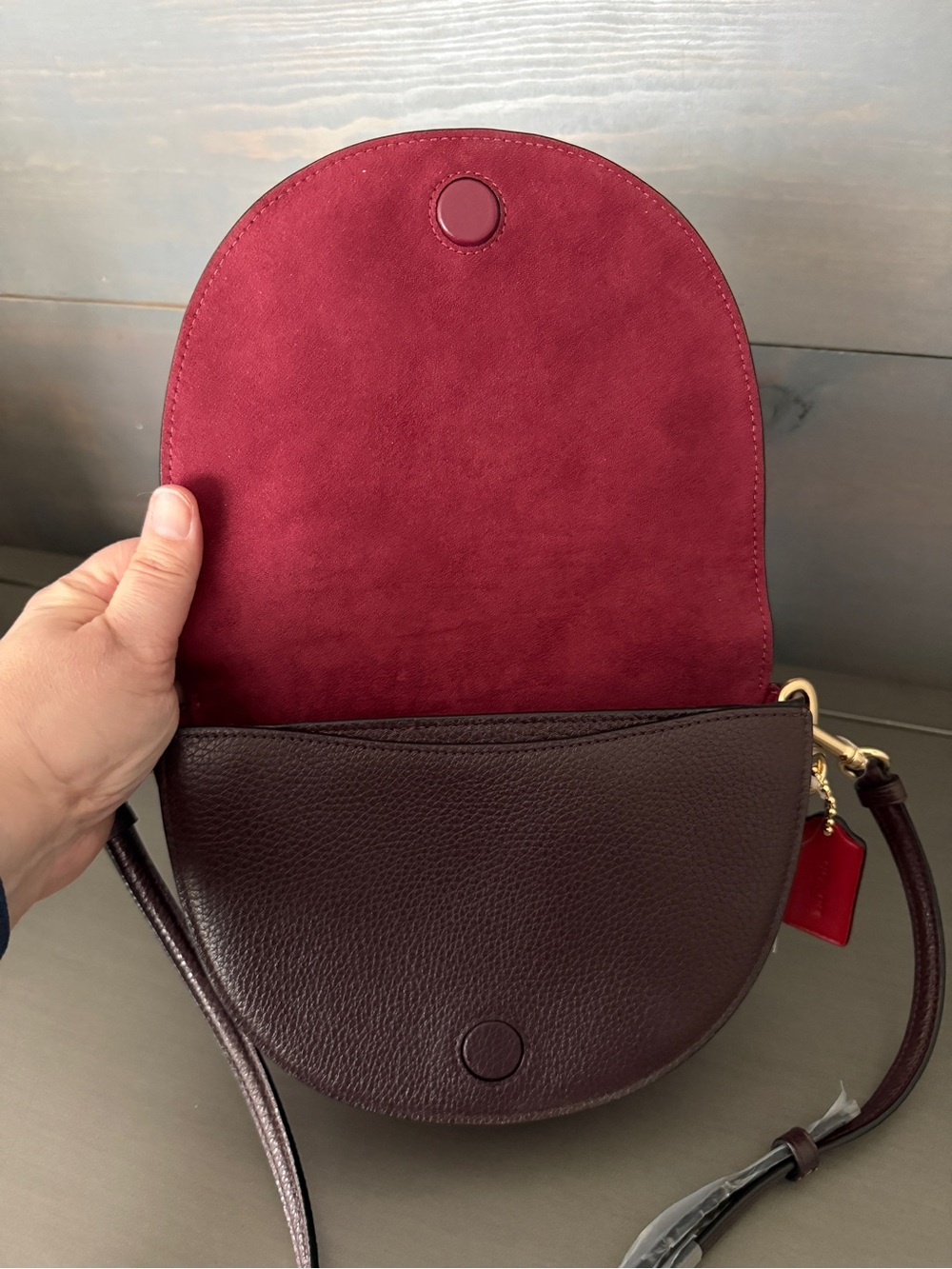 Coach Floral Appliqué Saddle Crossbody Bag in Burgundy with Pink and Red Accents - Picture 7 of 8